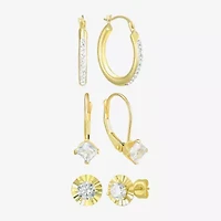 Womens Cubic Zirconia 10K Gold Round 3 Pair Earring Set