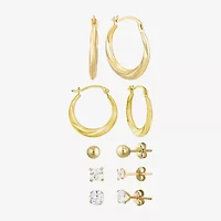Womens Cubic Zirconia 10K Gold Round Square 5 Pair Earring Set