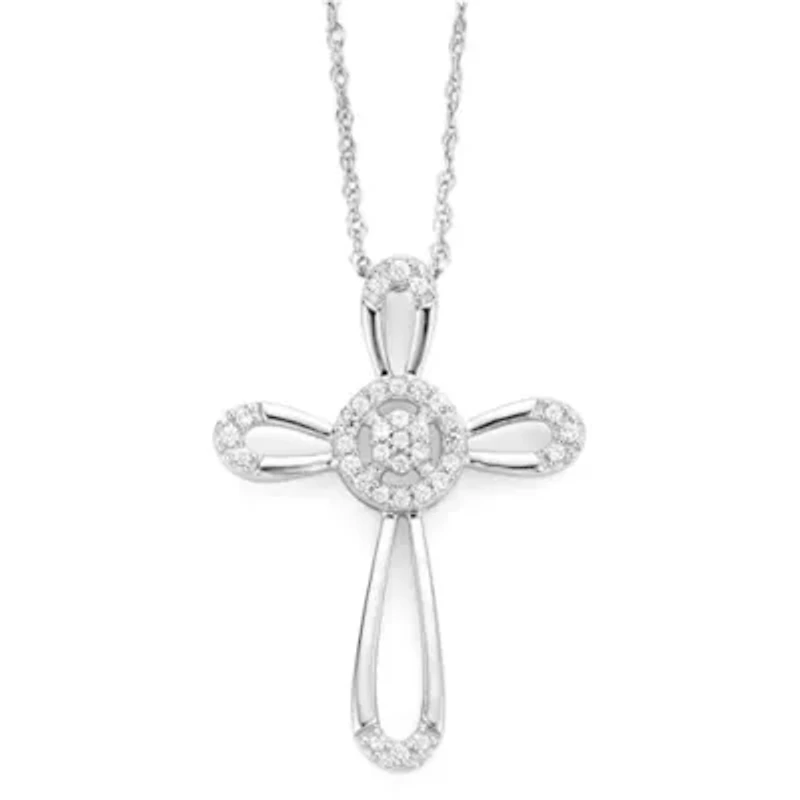 diamond blossom 1/10 CT.T.W. Diamond 10K White Gold Cross Pendant Necklace
