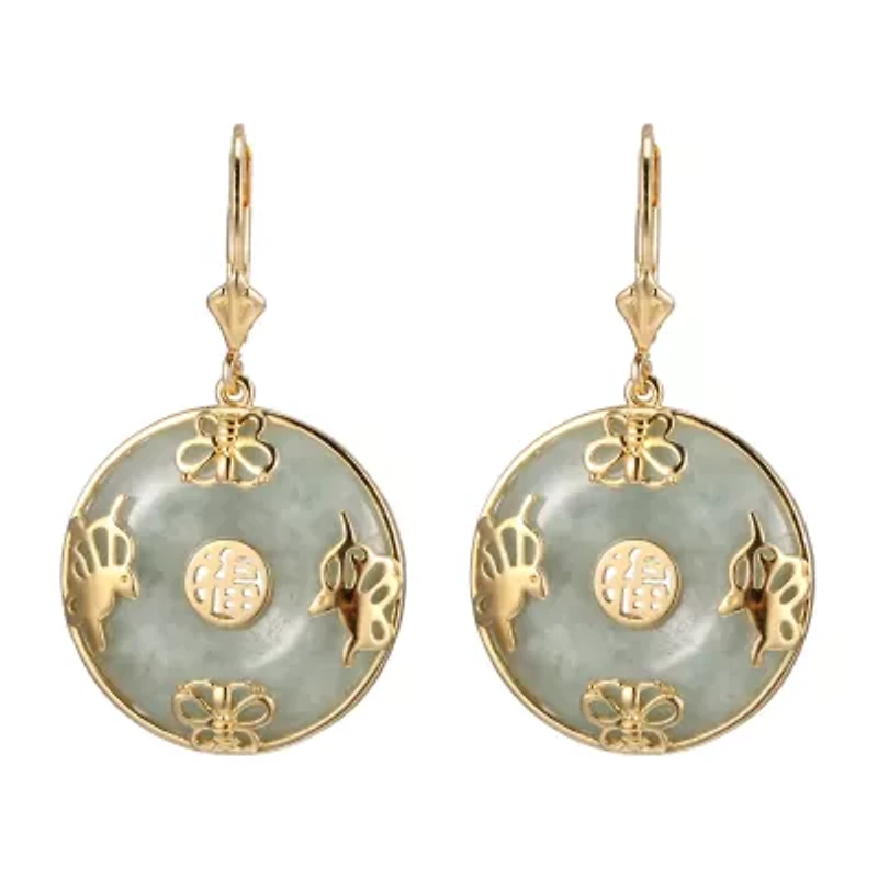Womens Genuine Green Jade 18K Gold Over Silver Drop Earrings