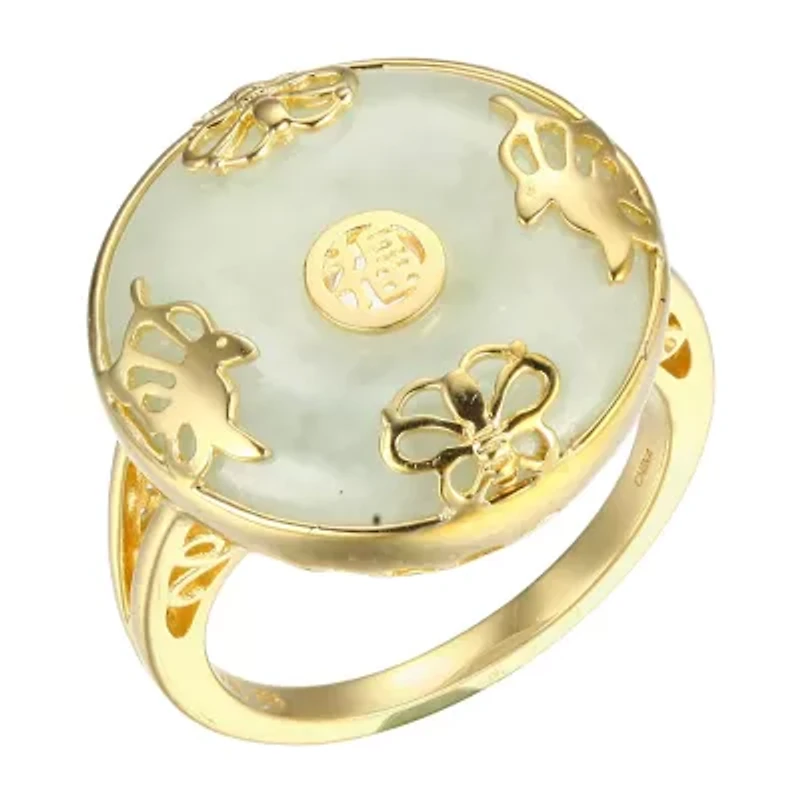 Womens Genuine Green Jade 18K Gold Over Silver Cocktail Ring