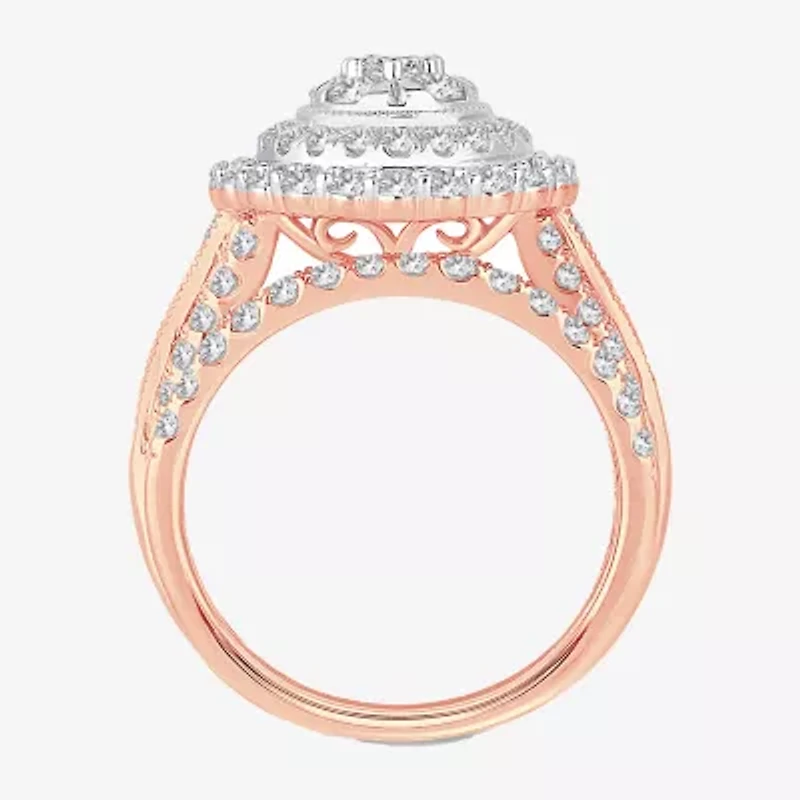 Womens 2 CT.T.W. Natural Diamond 10K or 14K Gold Pear Side Stone Halo Bridal Set