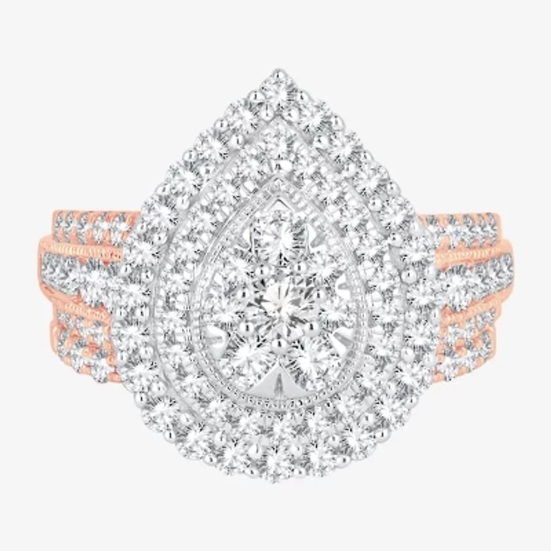 Womens 2 CT.T.W. Natural Diamond 10K or 14K Gold Pear Side Stone Halo Bridal Set