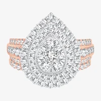 Womens 2 CT.T.W. Natural Diamond 10K or 14K Gold Pear Side Stone Halo Bridal Set