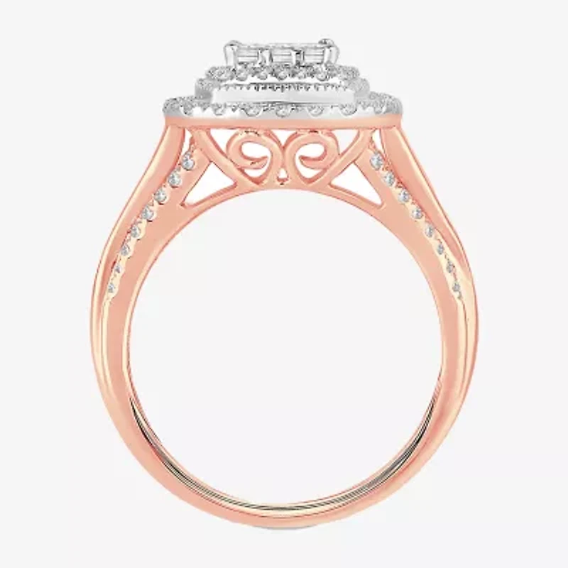 Womens 1 CT.T.W. Natural Diamond 10K or 14K Gold Cushion Side Stone Halo Engagement Ring