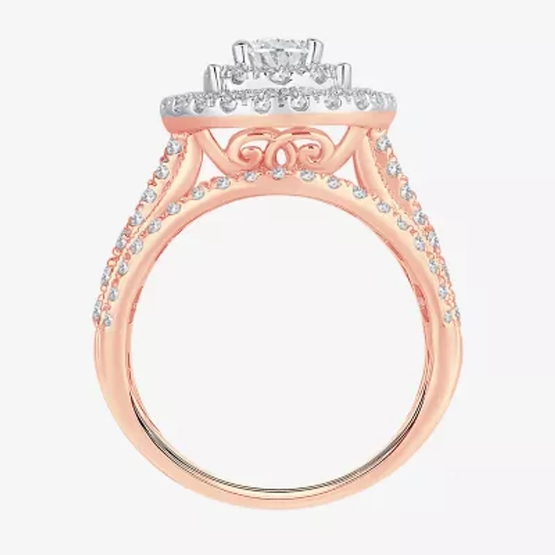 (H-I / SI1-SI2) Signature By Modern Bride Womens 2 CT. T.W. Lab Grown White Diamond 10K Gold Pear Side Stone Halo Engagement Ring