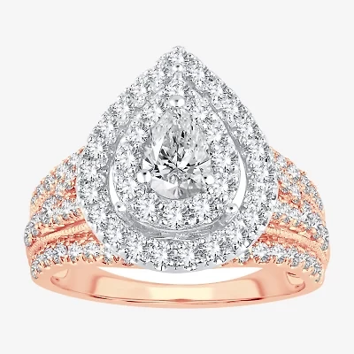 (H-I / SI1-SI2) Signature By Modern Bride Womens 2 CT. T.W. Lab Grown White Diamond 10K Gold Pear Side Stone Halo Engagement Ring