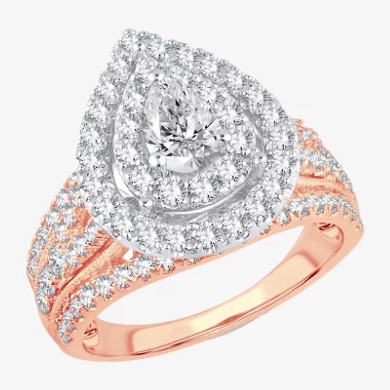 (H-I / SI1-SI2) Signature By Modern Bride Womens 2 CT. T.W. Lab Grown White Diamond 10K Gold Pear Side Stone Halo Engagement Ring
