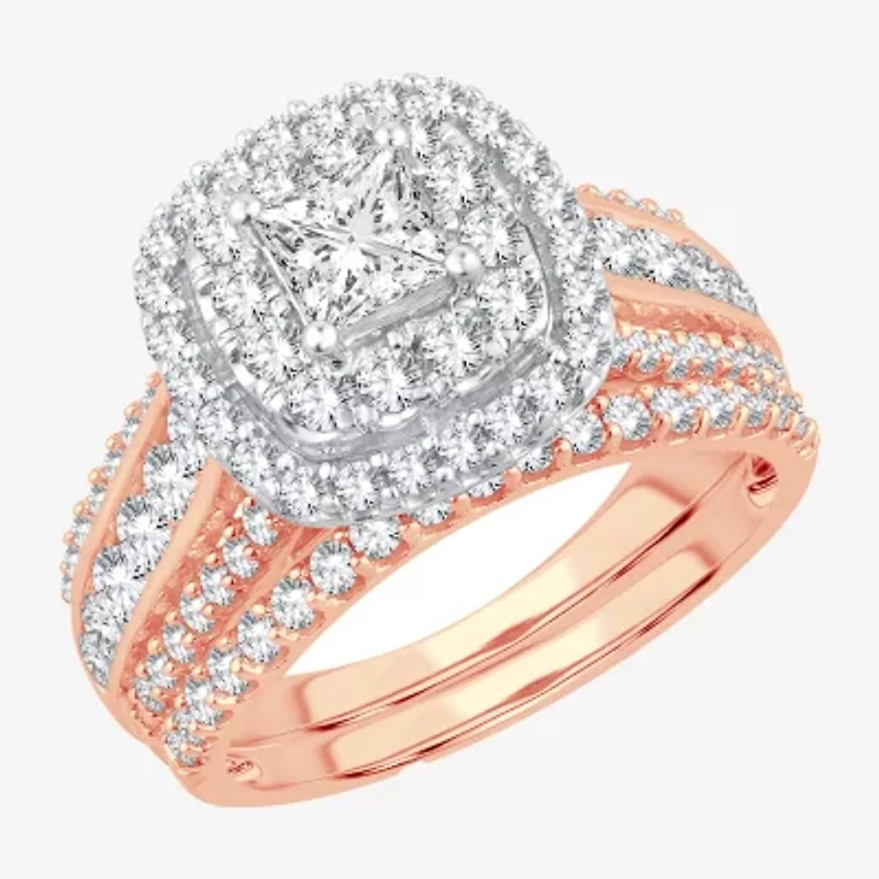 (H-I / SI1-SI2) Signature By Modern Bride Womens 2 CT. T.W. Lab Grown White Diamond 10K or 14K Gold Cushion Bridal Set