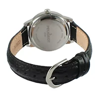 Peugeot® Womens Silver Tone And Black Crystal Bezel Textured Leather Strap Watch 3049SBK