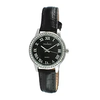 Peugeot® Womens Silver Tone And Black Crystal Bezel Textured Leather Strap Watch 3049SBK