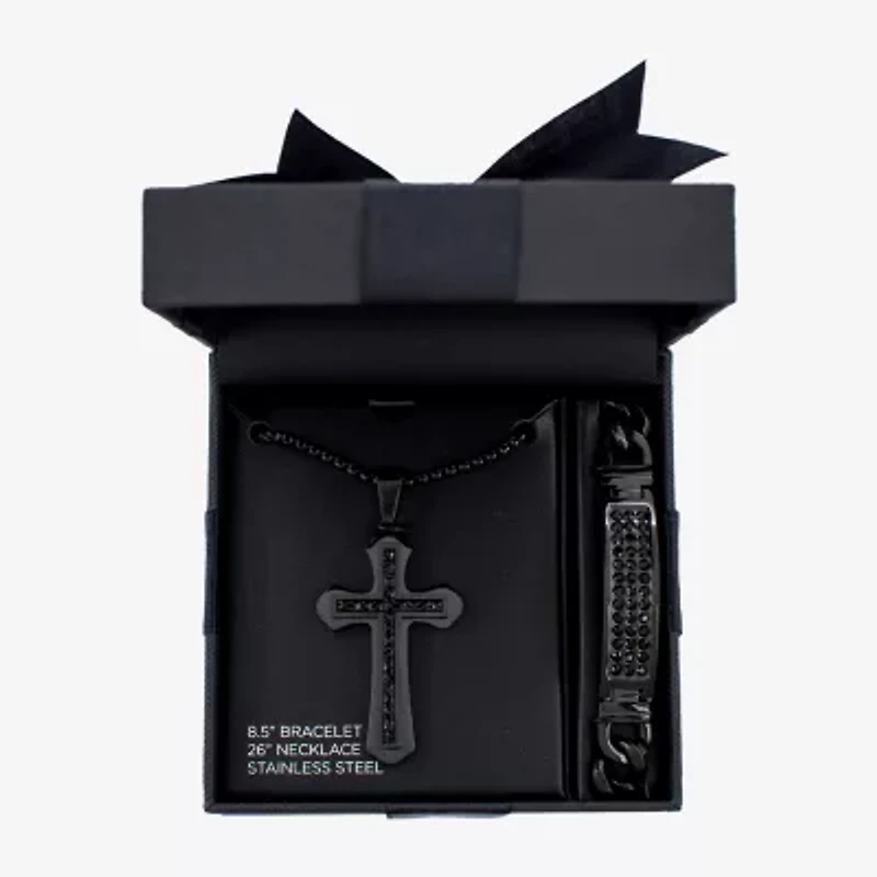 Mens Black Cubic Zirconia Stainless Steel Cross 2-pc. Jewelry Set