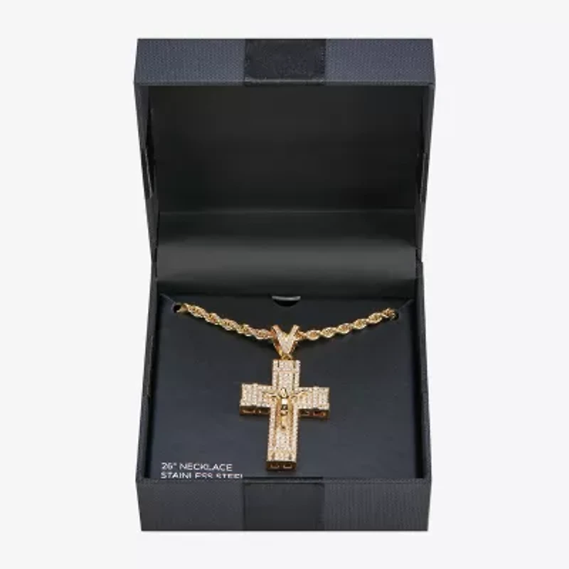 Crucifix Mens Cubic Zirconia Stainless Steel Cross 26 Inch Pendant Necklace