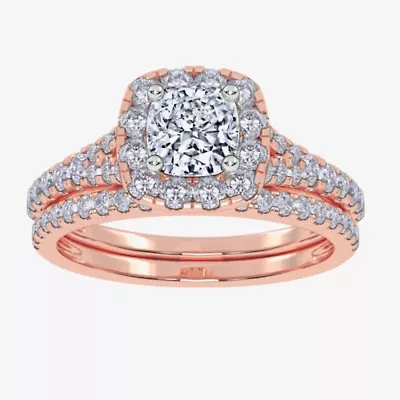 G / Vs2-Si1) Womens 1 CT. T.W. Lab Grown White Diamond 10K Rose Gold Cushion Side Stone Halo Bridal Set
