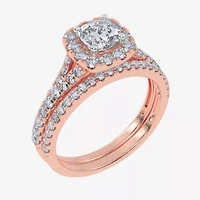 G / Vs2-Si1) Womens 1 CT. T.W. Lab Grown White Diamond 10K Rose Gold Cushion Side Stone Halo Bridal Set