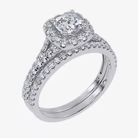 G / Vs2-Si1) Womens 1 CT. T.W. Lab Grown White Diamond 10K Gold Cushion Side Stone Halo Bridal Set
