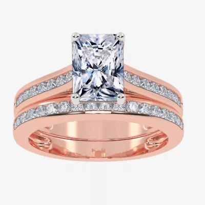 (G / Vs2-Si1) Womens 1 1/2 CT. T.W. Lab Grown White Diamond 10K Rose Gold Rectangular Side Stone Bridal Set