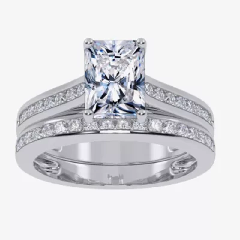 G / Vs2-Si1) Womens 1 1/2 CT. T.W. Lab Grown White Diamond 10K Gold Rectangular Side Stone Bridal Set