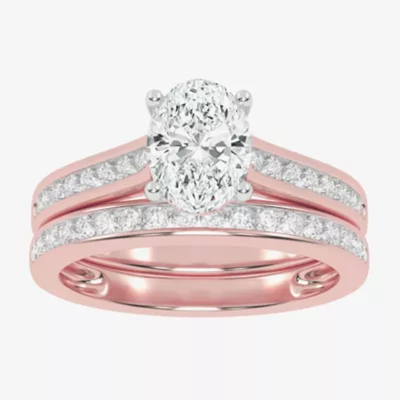 (G / Vs2-Si1) Womens 1 1/2 CT. T.W. Lab Grown White Diamond 10K Rose Gold Oval Side Stone Bridal Set