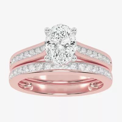 (G / Vs2-Si1) Womens 1 1/2 CT. T.W. Lab Grown White Diamond 10K Rose Gold Oval Side Stone Bridal Set