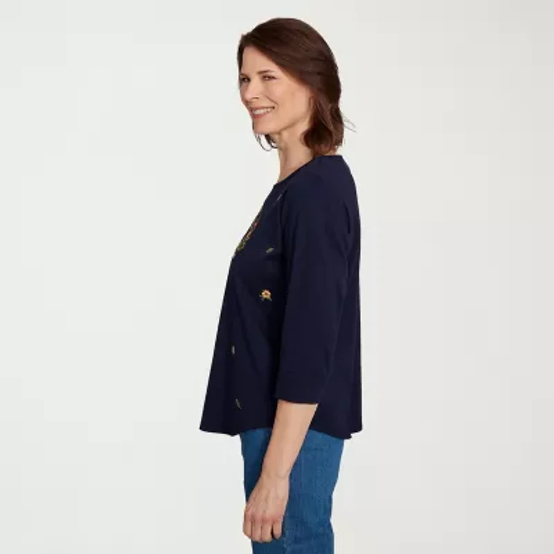 Alfred Dunner Classics Womens Crew Neck 3/4 Sleeve T-Shirt