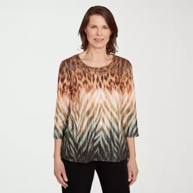 Alfred Dunner Classics Womens Crew Neck 3/4 Sleeve T-Shirt