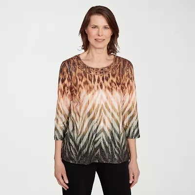 Alfred Dunner Classics Womens Crew Neck 3/4 Sleeve T-Shirt