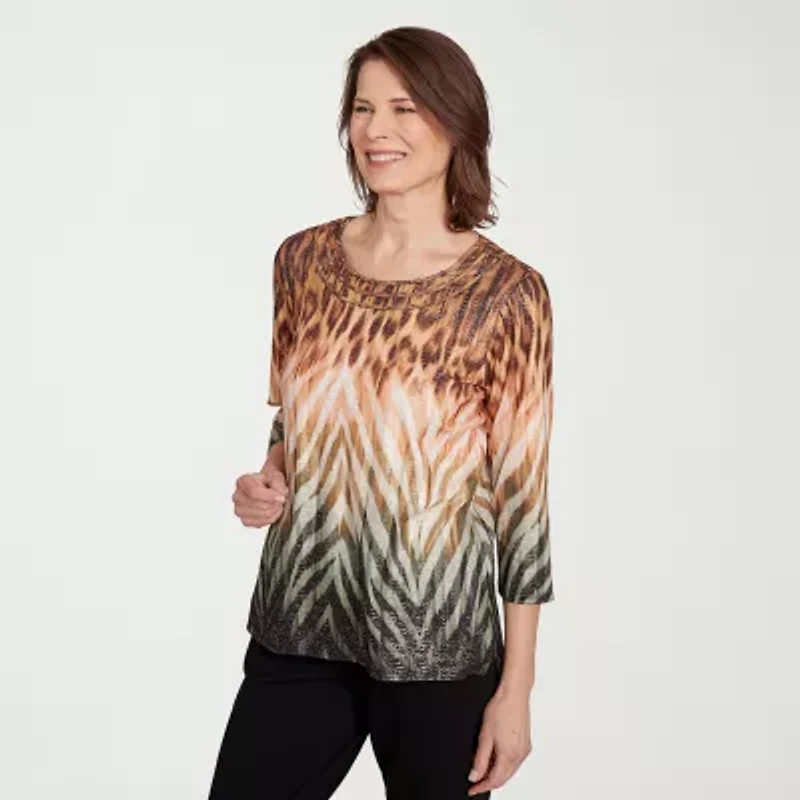Alfred Dunner Classics Womens Crew Neck 3/4 Sleeve T-Shirt