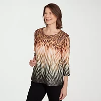 Alfred Dunner Classics Womens Crew Neck 3/4 Sleeve T-Shirt