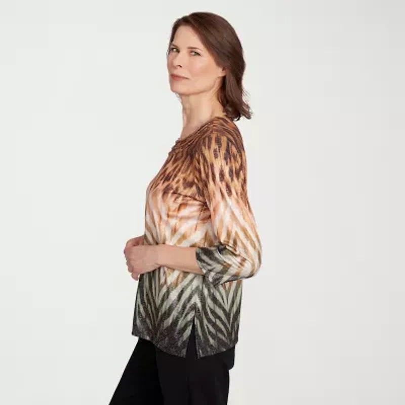Alfred Dunner Classics Womens Crew Neck 3/4 Sleeve T-Shirt