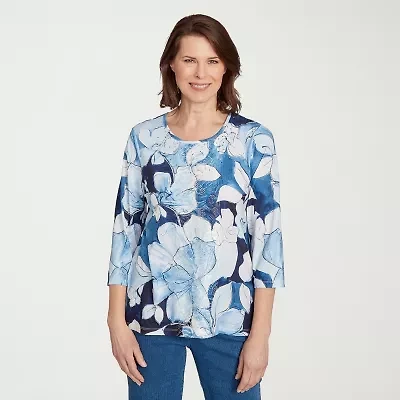 Alfred Dunner Classics Womens Crew Neck 3/4 Sleeve T-Shirt