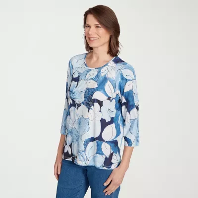 Alfred Dunner Classics Womens Crew Neck 3/4 Sleeve T-Shirt