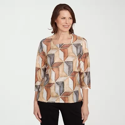 Alfred Dunner Classics Womens Crew Neck 3/4 Sleeve T-Shirt