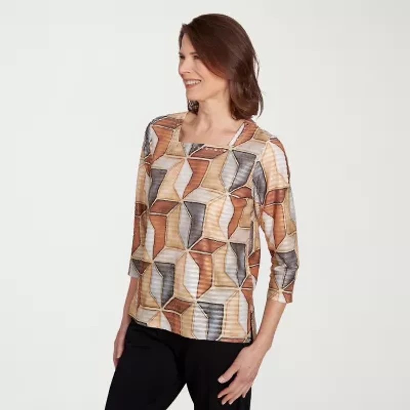 Alfred Dunner Classics Womens Crew Neck 3/4 Sleeve T-Shirt