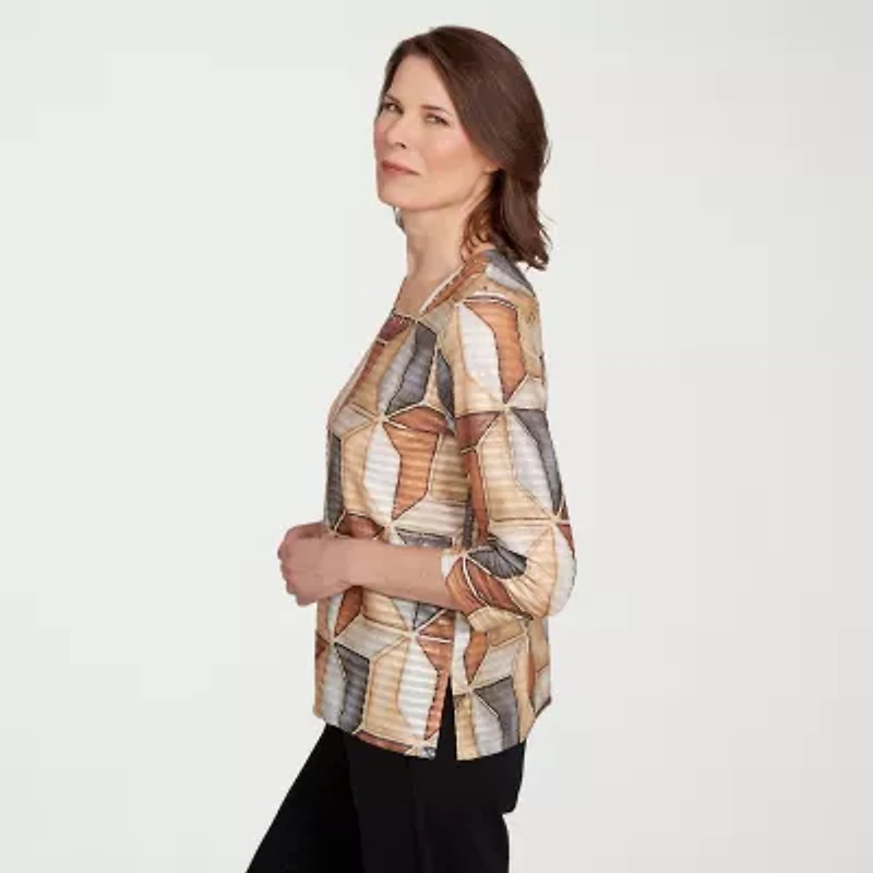 Alfred Dunner Classics Womens Crew Neck 3/4 Sleeve T-Shirt