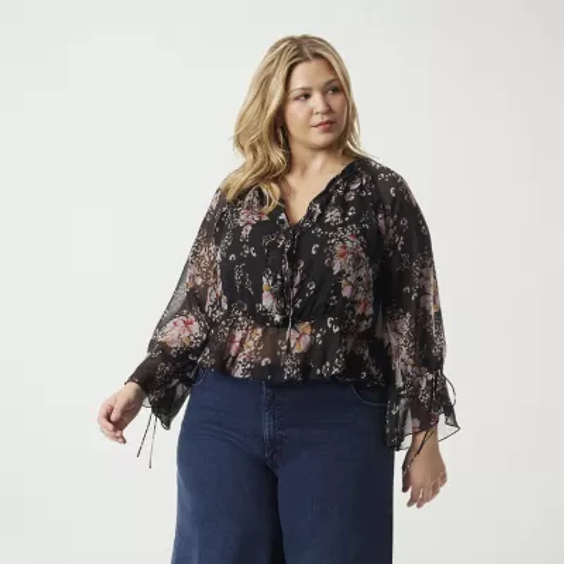 JS Jessica Simpson Womens Keyhole Neck Long Sleeve Lined Plus Blouse