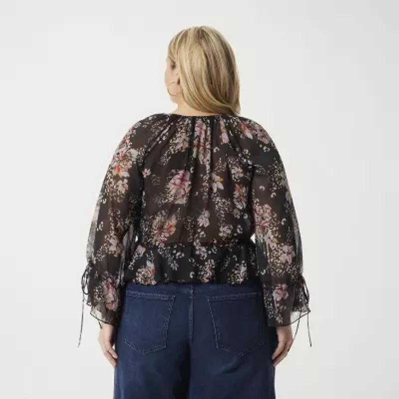 JS Jessica Simpson Womens Keyhole Neck Long Sleeve Lined Plus Blouse