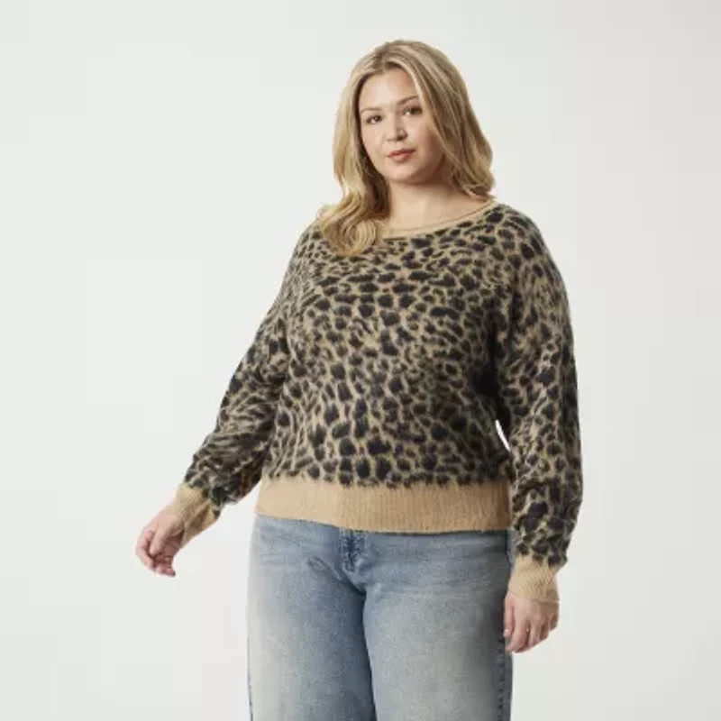 JS Jessica Simpson Plus Womens Round Neck Long Sleeve Animal Pullover Sweater