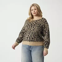 JS Jessica Simpson Plus Womens Round Neck Long Sleeve Animal Pullover Sweater