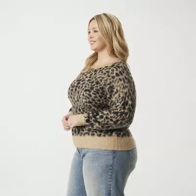 JS Jessica Simpson Plus Womens Round Neck Long Sleeve Animal Pullover Sweater