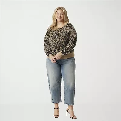 JS Jessica Simpson Plus Womens Round Neck Long Sleeve Animal Pullover Sweater