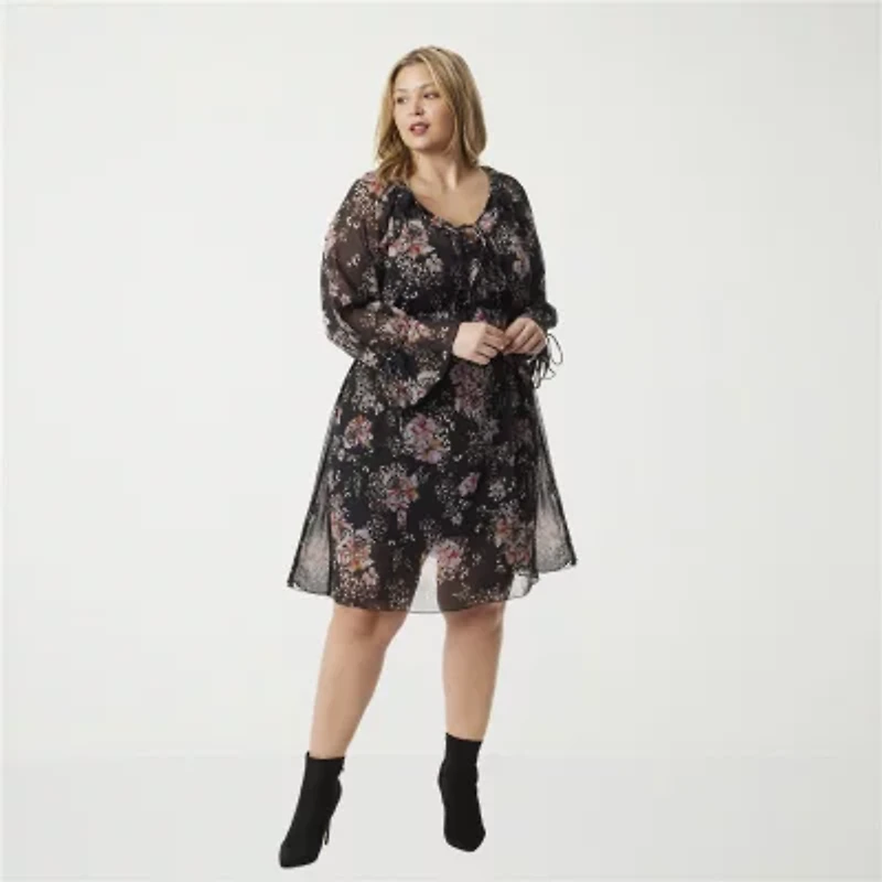 JS Jessica Simpson Womens Long Sleeve Animal Plus A-Line Dress