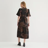Sandra Darren Womens Short Sleeve Floral Midi Fit + Flare Dress