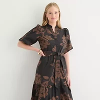 Sandra Darren Womens Short Sleeve Floral Midi Fit + Flare Dress