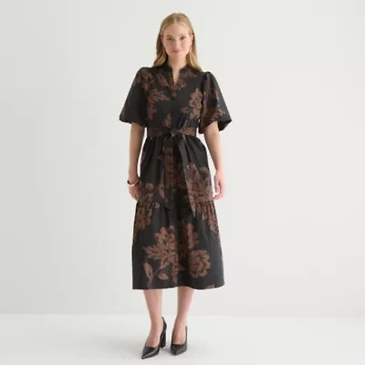 Sandra Darren Womens Short Sleeve Floral Midi Fit + Flare Dress