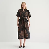 Sandra Darren Womens Short Sleeve Floral Midi Fit + Flare Dress