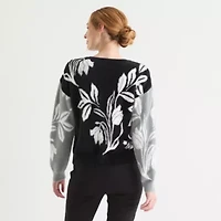 Liz Claiborne Womens Crew Neck Embellished Long Sleeve Floral Pullover Sweater