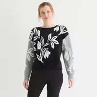 Liz Claiborne Womens Crew Neck Embellished Long Sleeve Floral Pullover Sweater