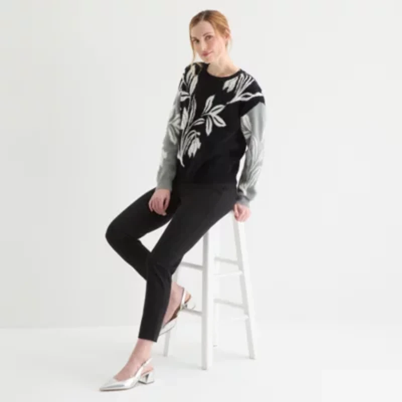 Liz Claiborne Womens Crew Neck Embellished Long Sleeve Floral Pullover Sweater