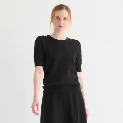 Liz Claiborne Womens Crew Neck Elbow Sleeve Pullover Sweater